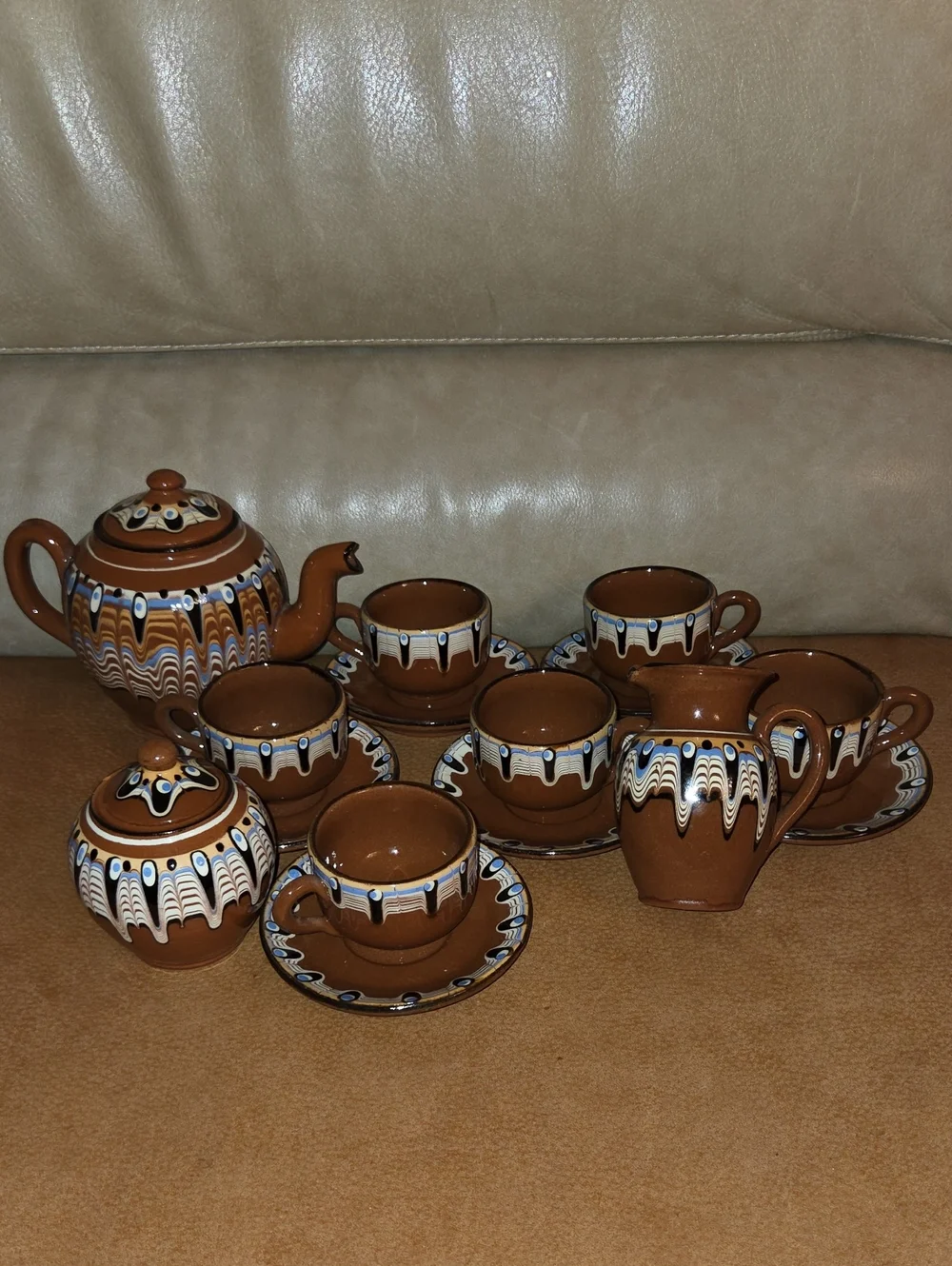 Bulgarian Troyan Hand-Painted Brown Ceramic Tea Set with White and Blue Accents